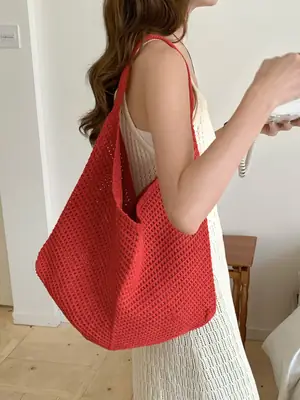 Red Crochet Woven Shoulder Bag for Women