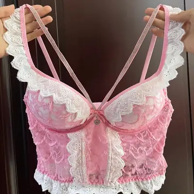 Pink Lace Back Bra for Small Chest Large Gathering
