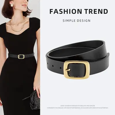 Women's Black Genuine Leather Belt with Gold Buckle