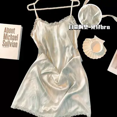 Women's Sexy Pure Desire Nightgown with Chest Pad Suspender Nightgown Instagram Style Cold Silk Nightgown Summer 2025 New Style
