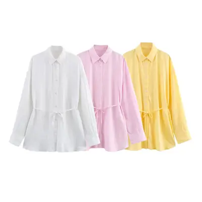 White Linen Loose Shirt with Lace-Up Belt for Women
