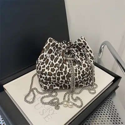 Leopard Print Drawstring Bag for Women with Chain
