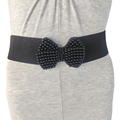 Black Bow Belt with Pearl Embellishment for Women