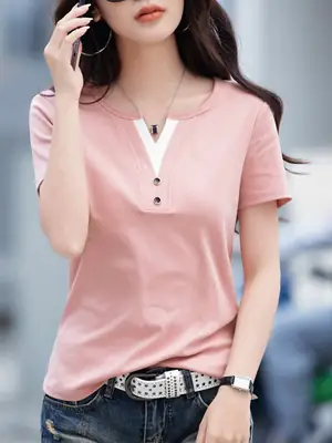 Women V Neck Black T-Shirt 2025 Summer Loose Slimming