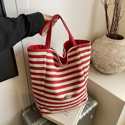 Women Canvas Striped Large Shoulder Tote Bag 2025