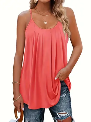 Green Pleated Shoulder Strap Vest for Women
