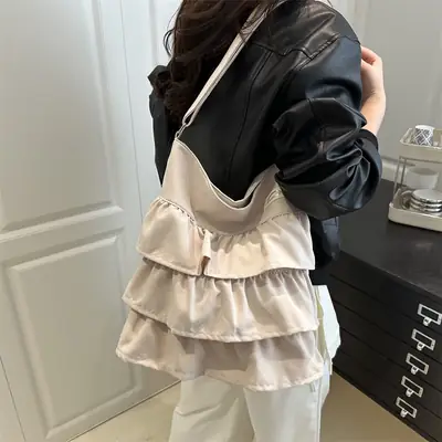 Women Ruffled Bucket Bag with Leather Shoulder Crossbody