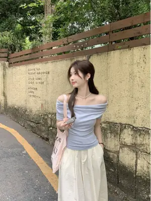 French Style Swing Collar off-shoulder Acetic Acid Top Women's Summer New Silk Short-sleeved T-shirt Pleated Waist Elegant Small Shirt