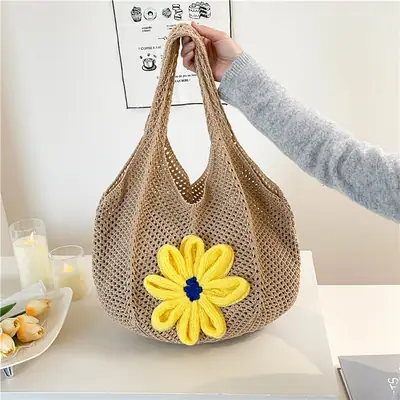 Women Woven Floral Shoulder Bag Yellow Blue Flower