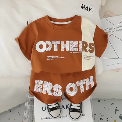 Yihao Kids' Brown Printed Two-Piece Summer Suit for Boys