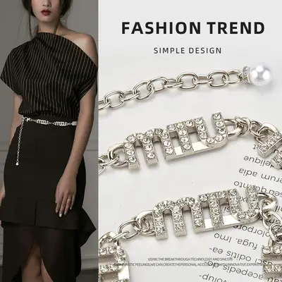 Women's Rhinestone Waist Chain Belt with Pearl Accents