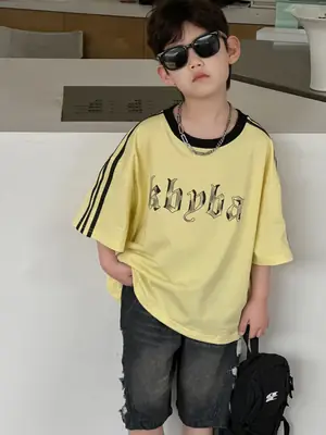 2025 Boys Cotton Summer T-Shirt Yellow Black Stripes