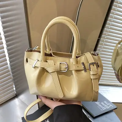 Women's Korean Style Handbag Beige Leather Bucket Bag