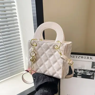 Quilted Embroidered Women's Shoulder Bag Beige Gold