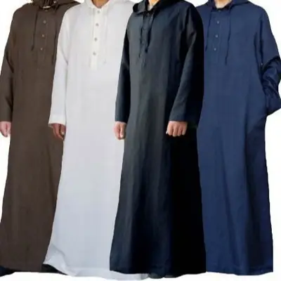 2025 Muslim Robe Long Hooded Shirt Men White Blue Black