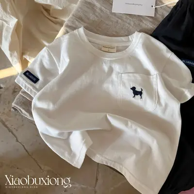 Children's White T-Shirt with Pocket Design, All-Cotton, 2026 Summer