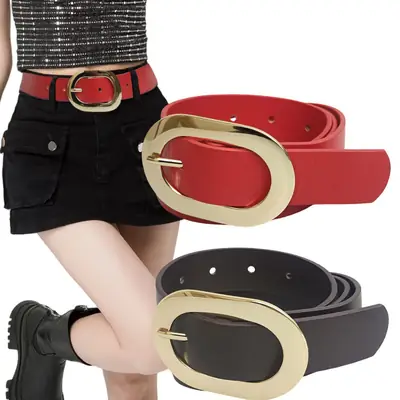 Red Slim Belt for Women with Gold Buckle