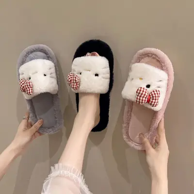 Cross-border foreign trade new cartoon KT kitten Mao Mao slippers women's autumn and winter warm bow open floor cotton slippers
