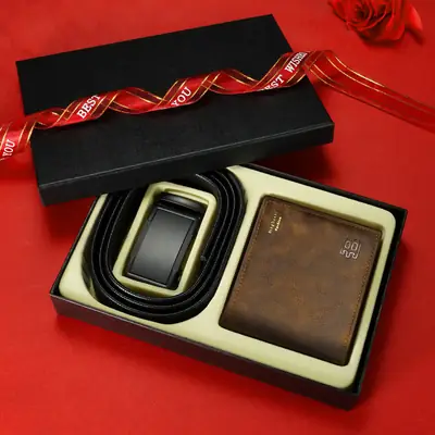 Men's Black Leather Belt with Card Holder & Automatic Buckle
