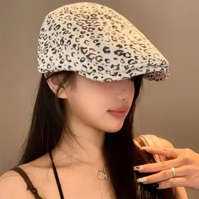 Leopard Print Forward Cap for Women Face-Slimming Beret