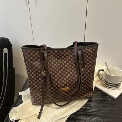 Trendy Checkered Shoulder Tote Bag 2024 Summer
