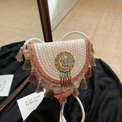 Cross-Border Straw Woven Shoulder Bag with Tassels