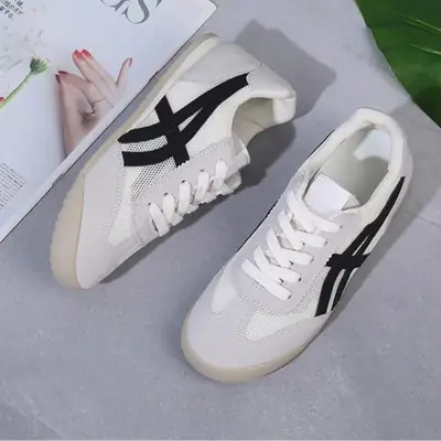 Women's White Mesh Casual Sneakers with Black Logo
