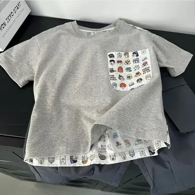 Kids Cartoon Printed Cotton T-Shirt Grey 2025 Summer