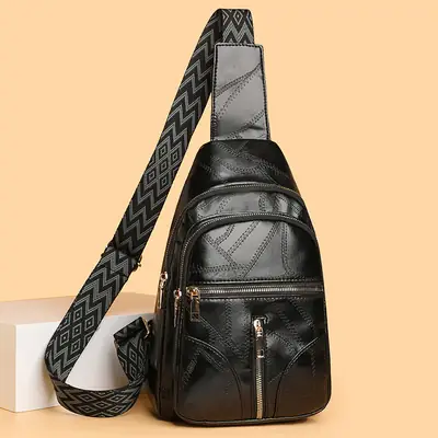 Black Quilted Women's Chest Bag with Geometric Strap
