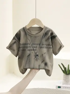 7907 Boys Cotton T-Shirt White Grey Print Summer 2024