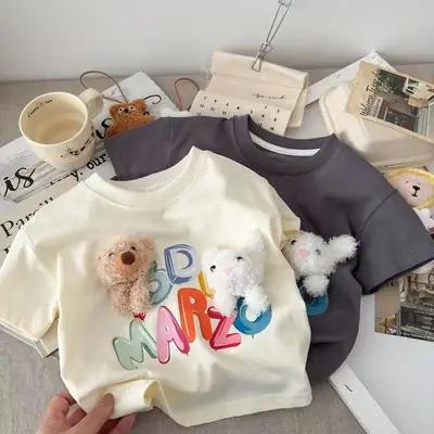 New Baby Boys Cotton Cartoon T-Shirt Grey Three-Dimensional