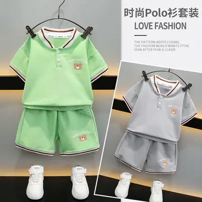 Boys Grey Polo Shirt & Shorts Set Summer Kids