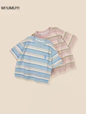 Boys Striped T-Shirt 2026 Summer Blue Pink Casual