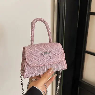 Pink Bow Texture Chain Crossbody Bag