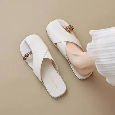 Women's White Leather Half Slippers with Gold Buckle