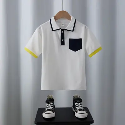 Boys White Polo Shirt with Yellow Trim 2025