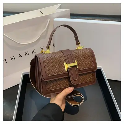 Women's Brown Quilted Shoulder Crossbody Bag with Gold Clasp