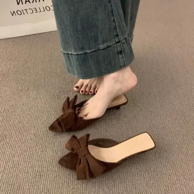 Women Suede Bow Pointed Toe Slippers Summer 2025