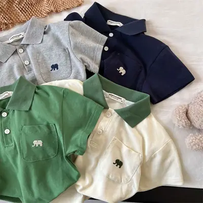 Boys' Embroidered Polo Shirt Green Blue White Medium Small