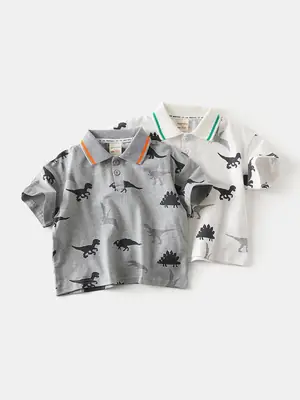 Kids Dinosaur Print Polo Shirt White 2026 Summer