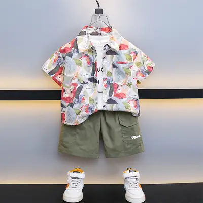 Boys 2-Piece Summer Suit Floral Cotton Green Cargo