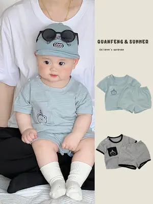 Baby Short Sleeve Striped T-Shirt Shorts Set Light Blue