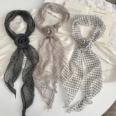 Chiffon Silk Neck Scarf Black White Checkered Wave Dot Headscarf