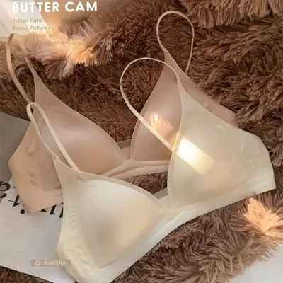 Original French Style Glow Satin Traceless Small Chest Underwear Women's Deep V-Neck Thin Shoulder Strap Thin Ringless Bra for Summer