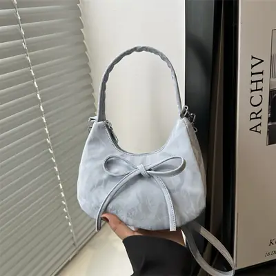 Light Blue Bow Shoulder Bag for Women