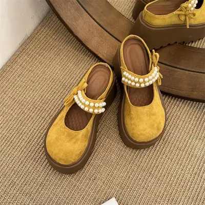 Women's Pearl Strap Thick Slippers Yellow 2025