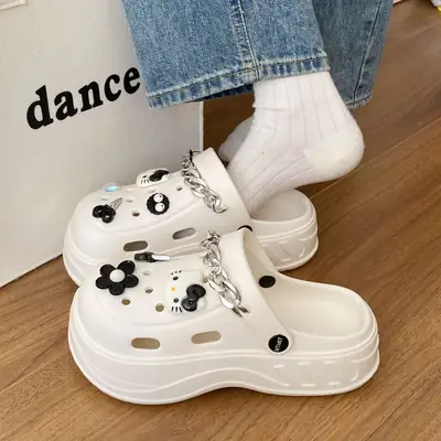 Women's White Clogs with Bear Design & Thick Sole