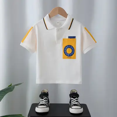 Boys White Polo Shirt with Yellow Sleeve Straps