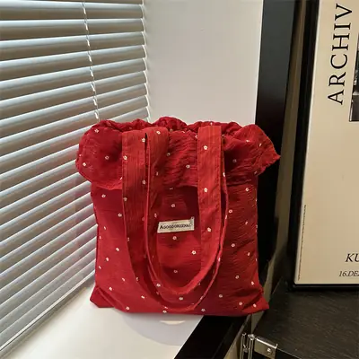 Red Ruffled Korean Style Shoulder Bag Large Capacity