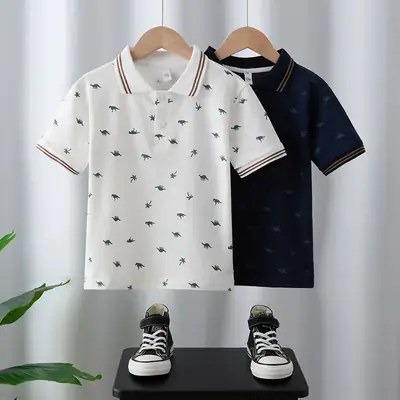 Boys' White Bird Print Polo Shirt Set Summer Kids